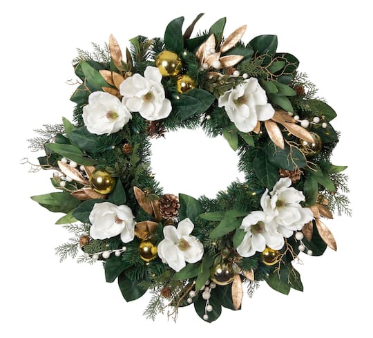 30" Pre-Lit White & Gold Magnolia Christmas Wreath